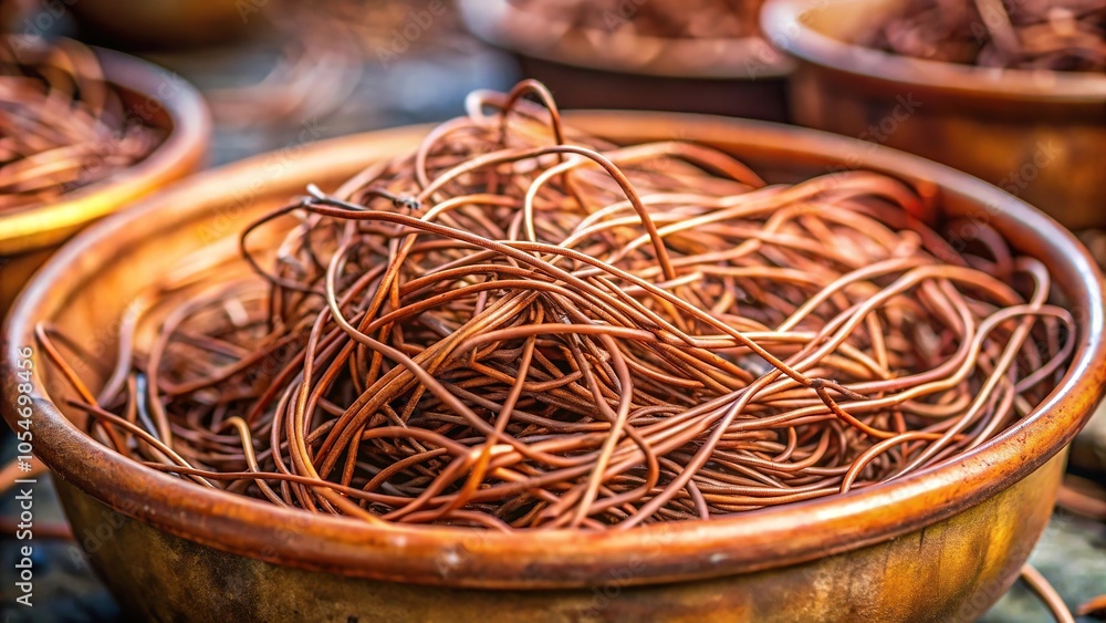 Fototapeta premium Scrap copper wire in clay basin for recycling copper wire scrap metal for recycling