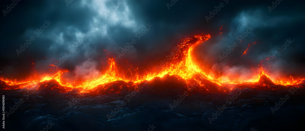 A stunning view of molten lava flowing against a dark, dramatic backdrop of stormy clouds and churning ocean waters. A stunning view of molten lava flowing against a dark, dramatic backdrop of stormy clouds and churning ocean waters.