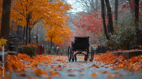 Landmark court decision symbolized by a lone wheelchair on a path lined with autumn leaves photo