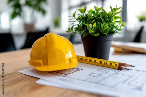 Measuring tools laid out on an architectâ€™s desk, including scale rulers, pencils, and blueprints, symbolizing the careful planning in design, symbolizing precision and structure photo