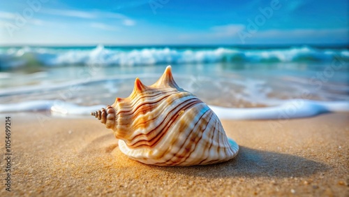 Sea side background with white long shell on sand, selective focus