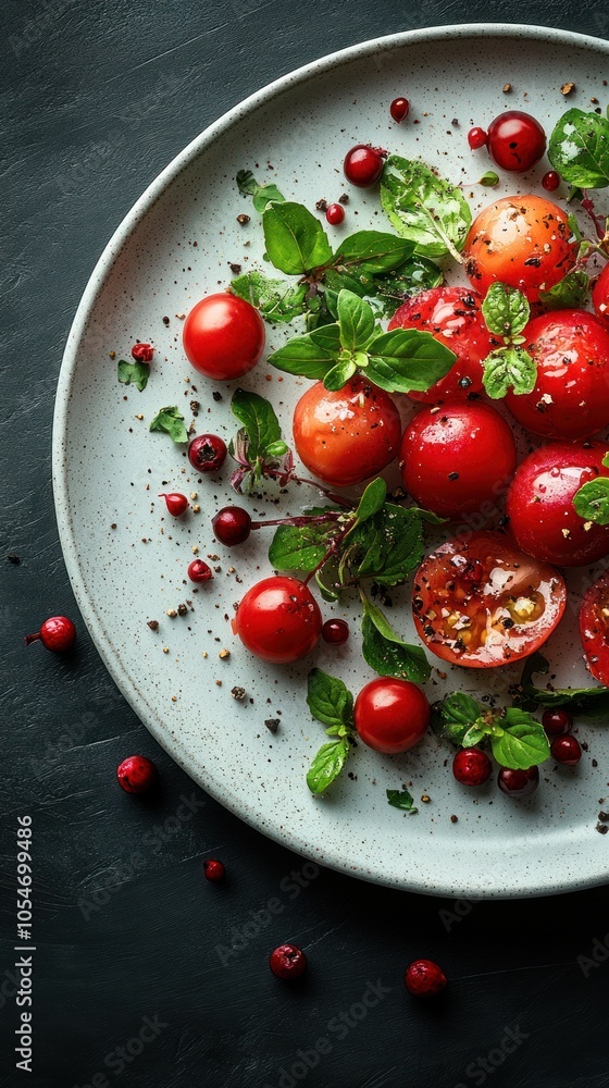Plate of Tomatoes, Basil, and Cranberries with Black Pepper Plate of Tomatoes, Basil, and Cranberries with Black Pepper