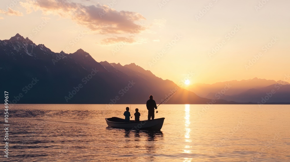 A serene sunset casts golden hues over a tranquil lake, as three fishermen enjoy their time on a small boat surrounded by majestic mountains. A serene sunset casts golden hues over a tranquil lake, as three fishermen enjoy their time on a small boat surrounded by majestic mountains.