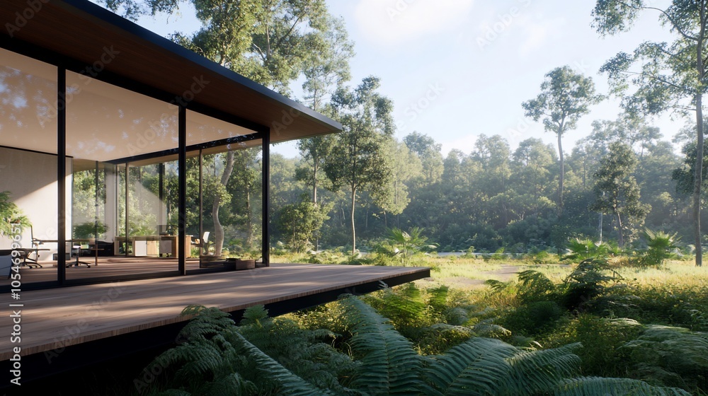 Modern glass house with a wooden deck overlooking a lush green forest. Modern glass house with a wooden deck overlooking a lush green forest.