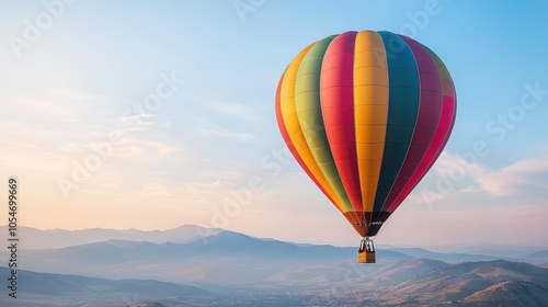 A colorful hot air balloon floats over scenic mountains at sunrise, capturing the essence of adventure and tranquility in the sky.