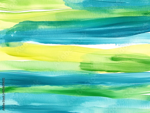 Abstract watercolor background with horizontal stripes in shades of blue, green, and yellow.