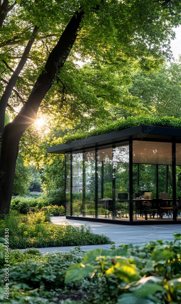 Modern glass pavilion with green roof in a lush garden setting. (1) Modern glass pavilion with green roof in a lush garden setting. (1)