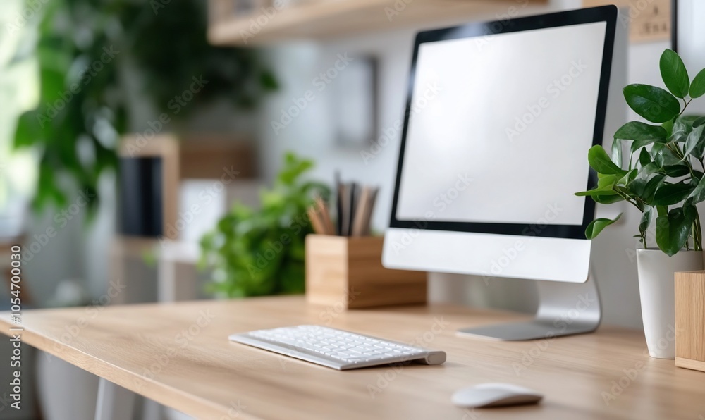 Modern minimalist home office desk with white computer, keyboard and mouse. Modern minimalist home office desk with white computer, keyboard and mouse.