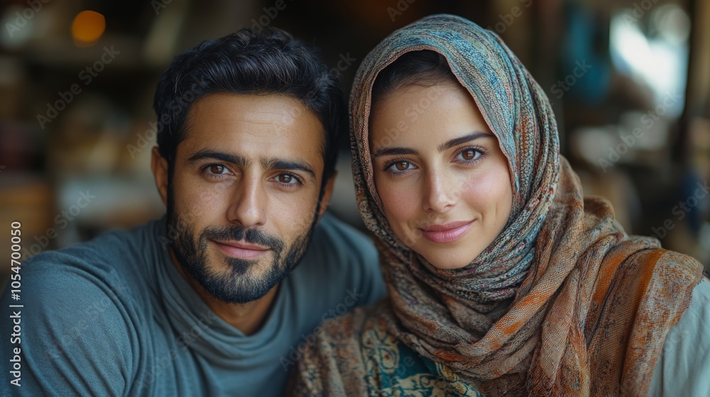 Young Middle Eastern couple collaborating at a cozy workspace in the evening light Young Middle Eastern couple collaborating at a cozy workspace in the evening light