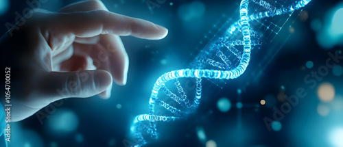 A hand reaching towards a glowing DNA double helix against a futuristic blue background, symbolizing genetics and biotechnology.