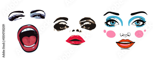 facial features, eyes, smoky eyes, lips and different emotions, aggressive, hysterical, tender emotions