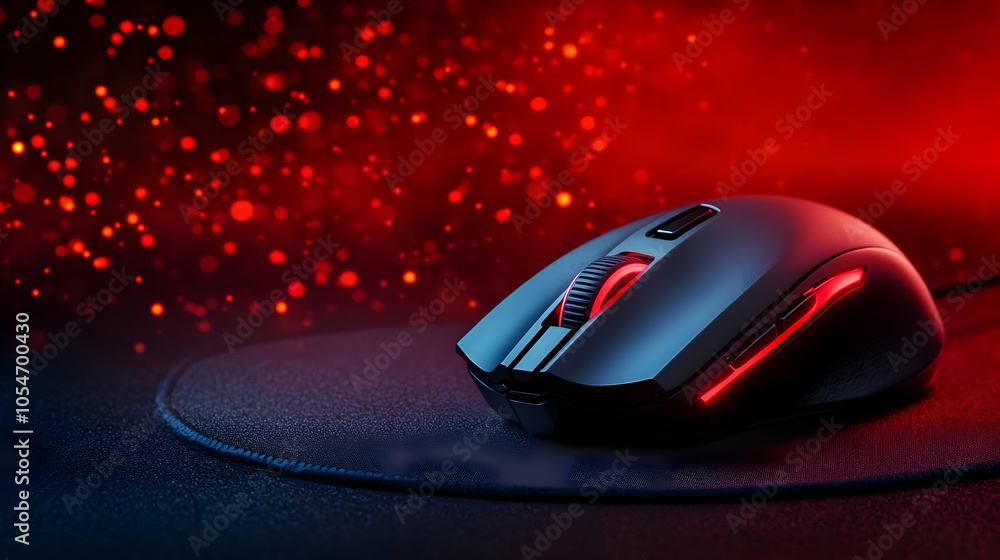 Gaming mouse with illuminated design on a mouse pad, surrounded by a vibrant red background filled with sparkling lights. Gaming mouse with illuminated design on a mouse pad, surrounded by a vibrant red background filled with sparkling lights.
