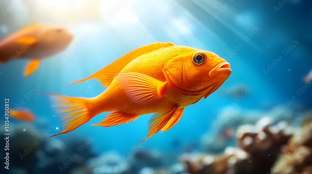 A vibrant orange fish swimming gracefully in clear blue waters, illuminated by sunlight, showcasing underwater life. A vibrant orange fish swimming gracefully in clear blue waters, illuminated by sunlight, showcasing underwater life.