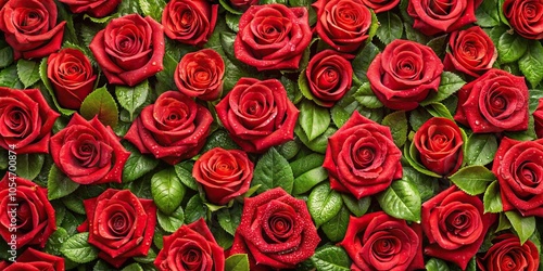 Seamless background of small red roses with green leaves and visible water drops in fisheye lens