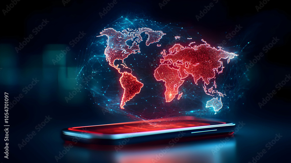 A smartphone displaying a holographic world map in glowing red and blue colors, symbolizing global connectivity. A smartphone displaying a holographic world map in glowing red and blue colors, symbolizing global connectivity.