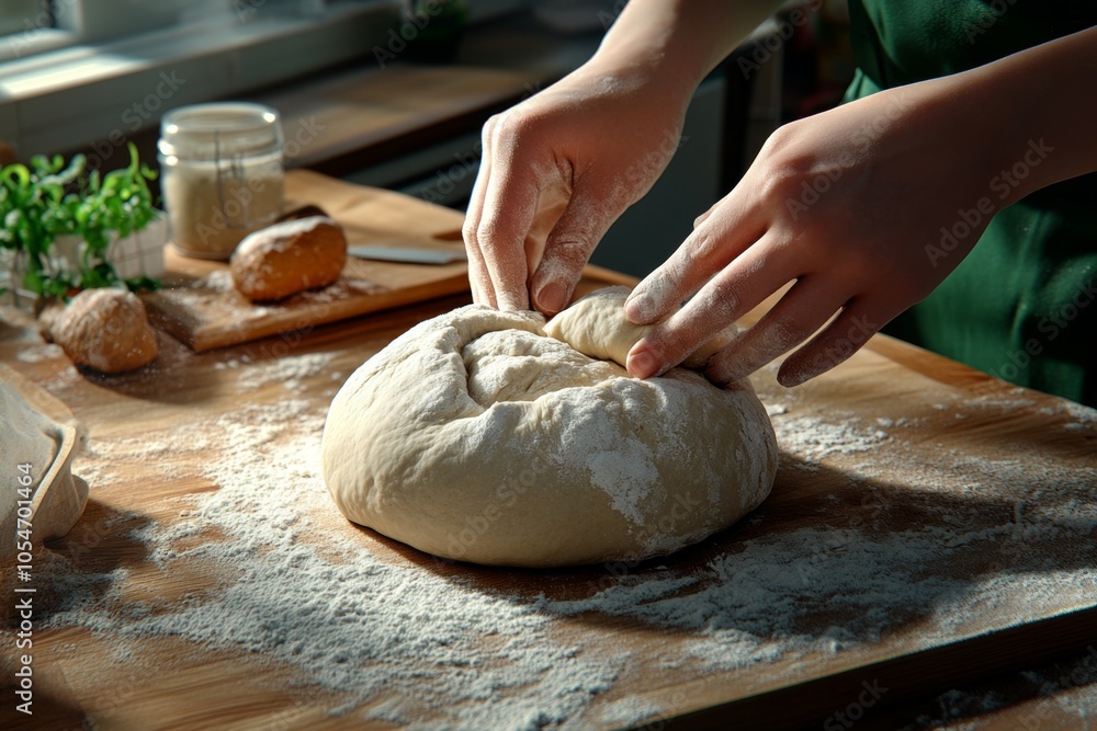 Retro-inspired illustration of hands kneading dough in a rustic kitchen, with muted colors and classic style, capturing the timeless art of bread-making, symbolizing warmth and tradition Retro-inspired illustration of hands kneading dough in a rustic kitchen, with muted colors and classic style, capturing the timeless art of bread-making, symbolizing warmth and tradition