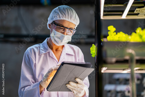 A scientist in a mask, hairnet, and gloves records observations on a tablet while inspecting plants in a lab. The setting, with controlled lighting, emphasizes research in botany and sustainable agric photo