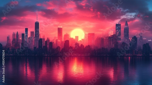 A city skyline with a large sun in the sky. Generative AI