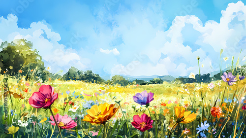 Fototapeta Naklejka Na Ścianę i Meble -  Watercolor painting depicting a colorful field of wildflowers in bloom on a sunny day. Wildflower Meadow. Illustration
