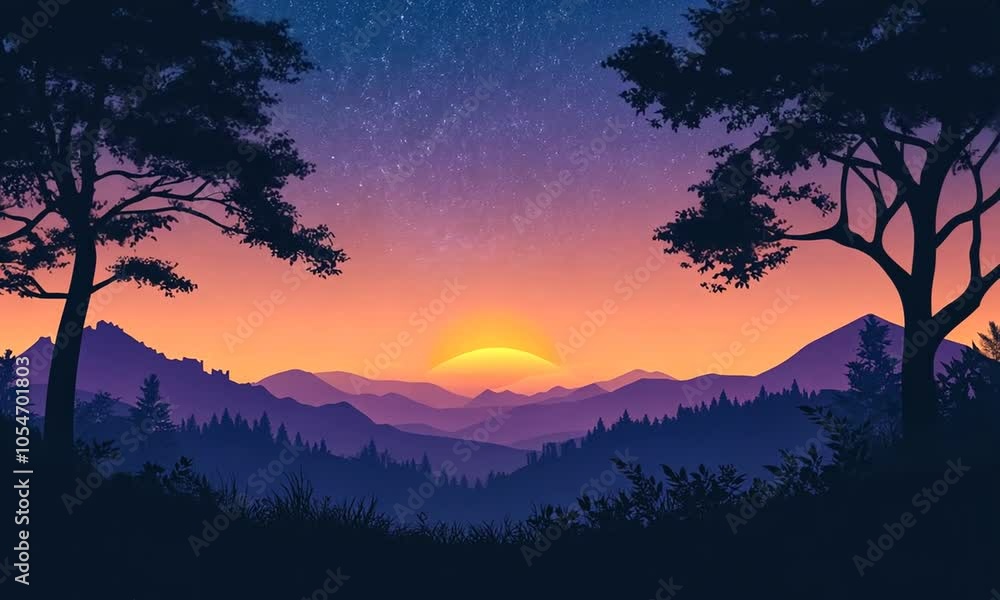 A serene sunset over mountains, with a starry sky, creating a tranquil and picturesque scene. A serene sunset over mountains, with a starry sky, creating a tranquil and picturesque scene.