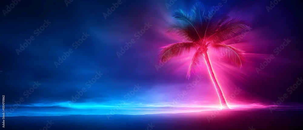 Vibrant and colorful palm tree glowing in neon pink and blue lights against a stunning dark background. Vibrant and colorful palm tree glowing in neon pink and blue lights against a stunning dark background.