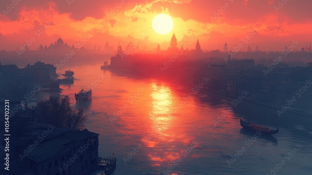 A city with a river and a sun in the sky. Generative AI A city with a river and a sun in the sky. Generative AI