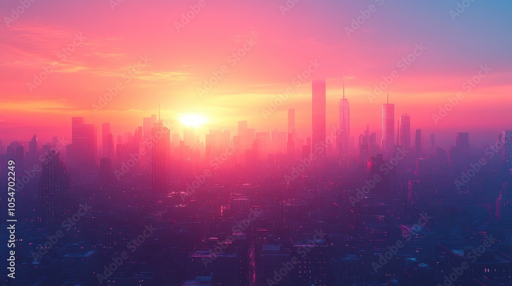 A city skyline with a bright orange sun in the sky. Generative AI A city skyline with a bright orange sun in the sky. Generative AI