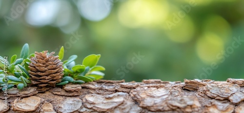 Pine cone and greenery on a tree bark with a blurry green background.