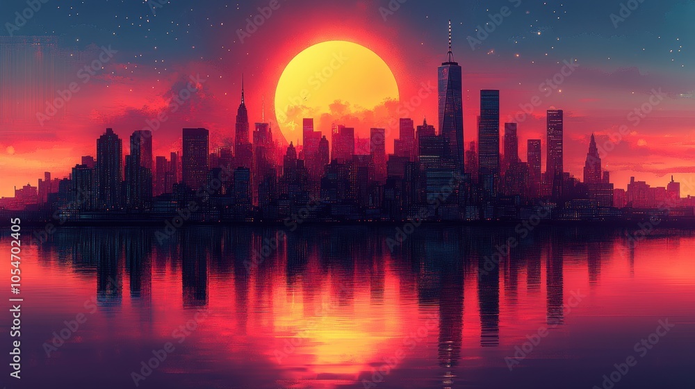 A city skyline is reflected in the water. Generative AI A city skyline is reflected in the water. Generative AI