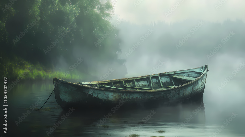Weathered, rustic fishing boat with faded paint and worn wooden planks, moored in a serene, misty harbor surrounded by lush greenery and calm waters. Misty Moorlands. Illustration Weathered, rustic fishing boat with faded paint and worn wooden planks, moored in a serene, misty harbor surrounded by lush greenery and calm waters. Misty Moorlands. Illustration