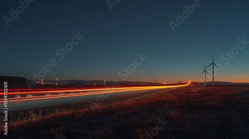 An otherworldly scene of light trails dancing around the eerie stillness of wind turbines at dusk.