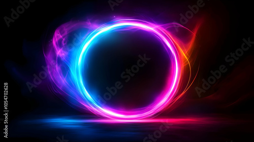 A vibrant, glowing circular light effect with colorful hues on a dark background.