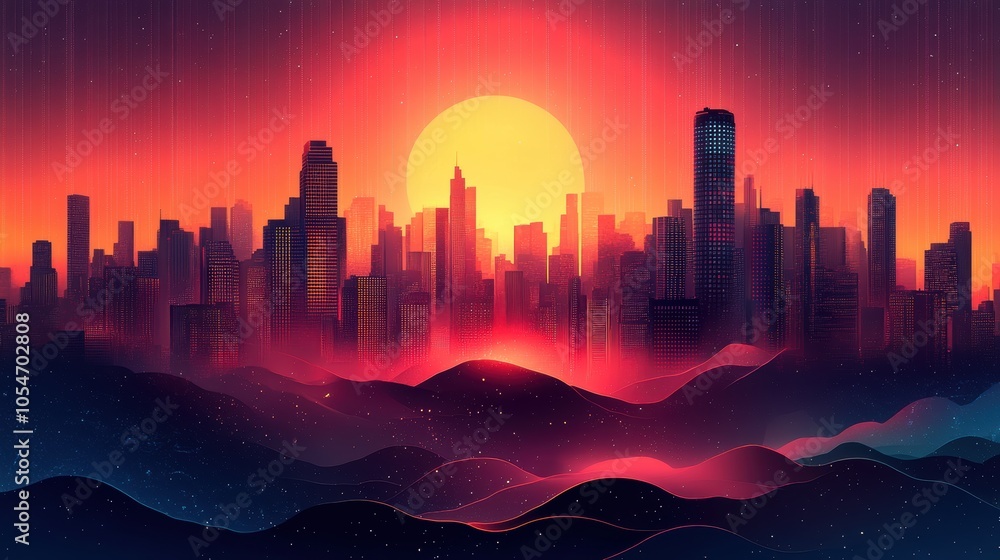 A city skyline with a large sun in the background. Generative AI A city skyline with a large sun in the background. Generative AI