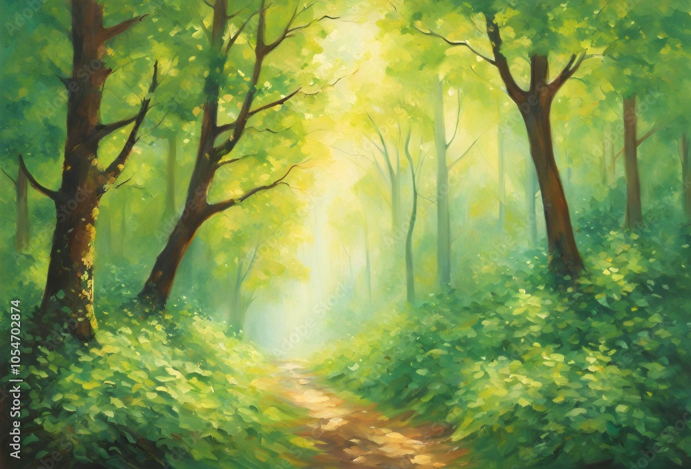 Obraz premium 明るく日が差す森の小道のイラスト