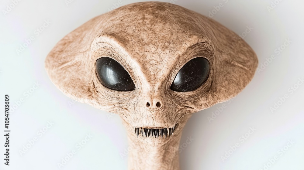 Close-up of a gray alien's face with large black eyes and a thin mouth. Close-up of a gray alien's face with large black eyes and a thin mouth.
