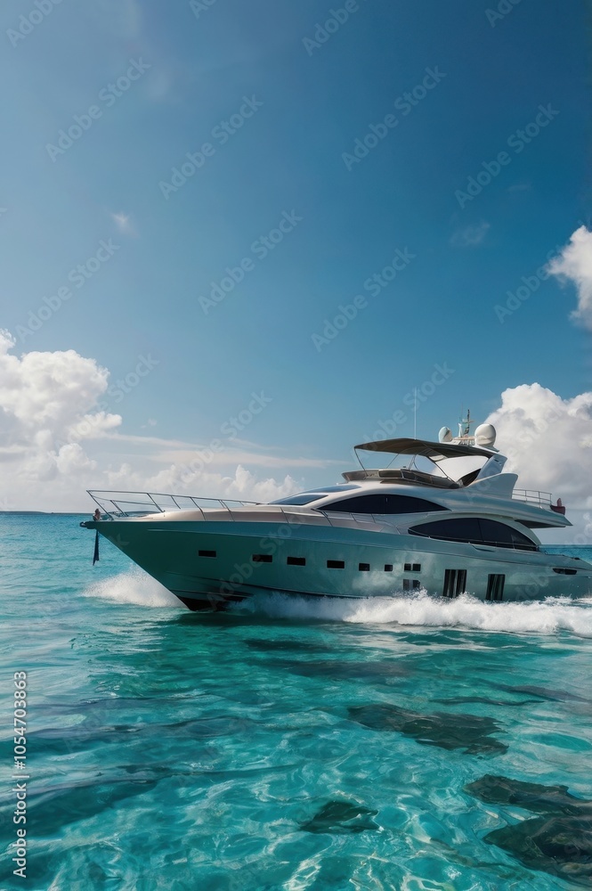 Motor yacht in ocean with calm water and clear skies Motor yacht in ocean with calm water and clear skies