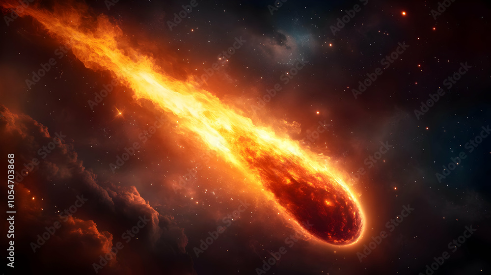 Obraz premium A fiery comet streaking through a starry night sky, showcasing the beauty of the cosmos and the wonders of space.