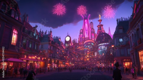 Midnight Festivities with Fireworks in Urban Square