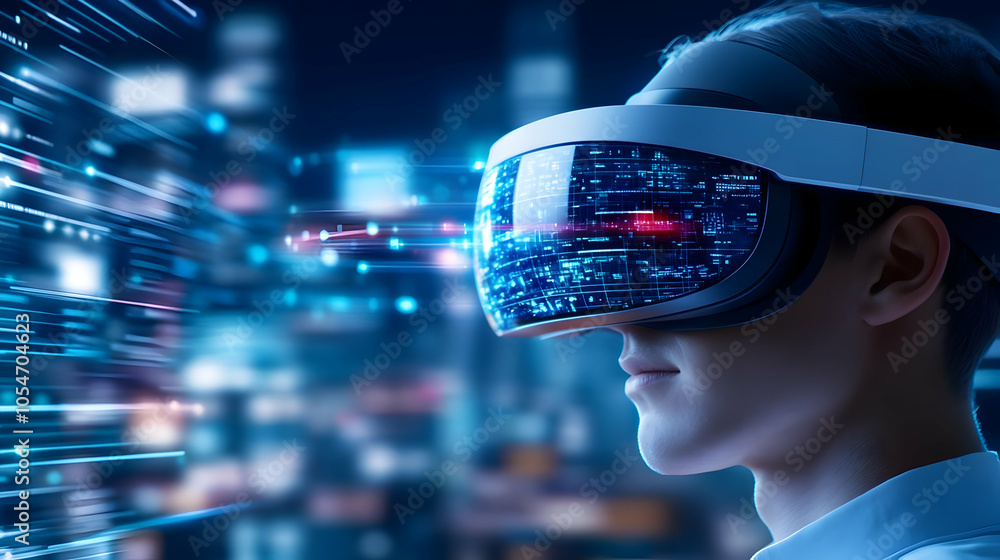Person enjoying virtual reality experience with futuristic technology background. Person enjoying virtual reality experience with futuristic technology background.