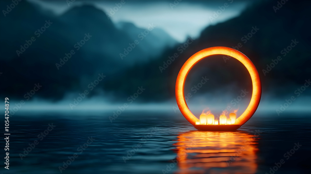 A glowing orange ring floating on a tranquil lake, surrounded by misty mountains, creating a serene, mystical atmosphere. A glowing orange ring floating on a tranquil lake, surrounded by misty mountains, creating a serene, mystical atmosphere.