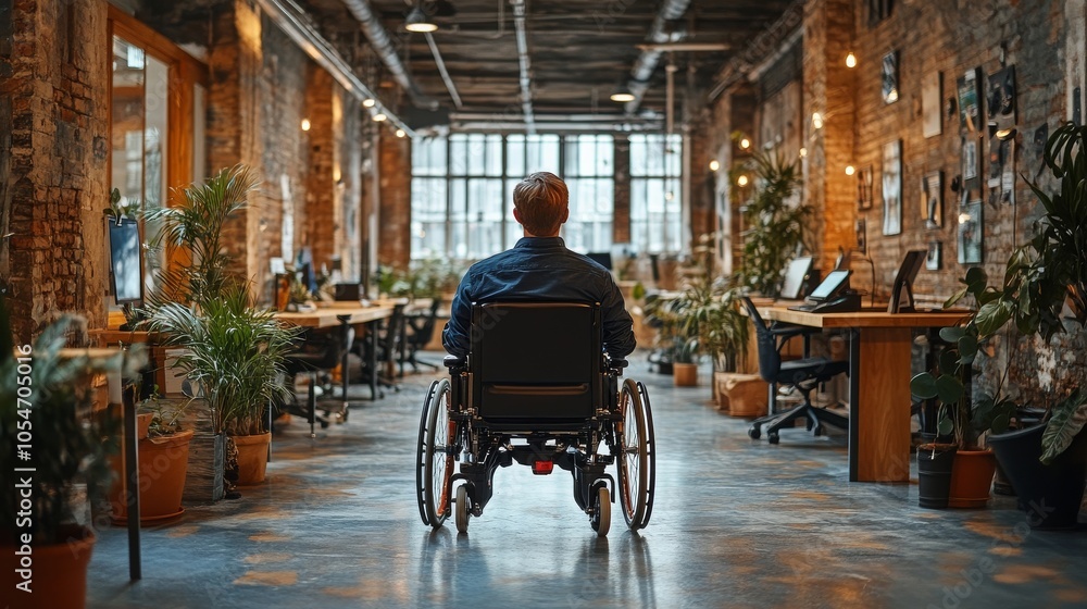 Obraz premium A wheelchair user navigating a modern smart office filled with plants and natural light