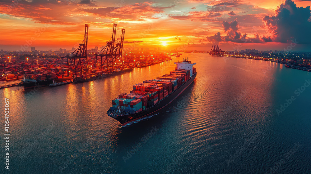 A large cargo ship is sailing through a harbor at sunset. The sky is filled with clouds and the sun is setting, creating a beautiful and serene atmosphere. The water is calm A large cargo ship is sailing through a harbor at sunset. The sky is filled with clouds and the sun is setting, creating a beautiful and serene atmosphere. The water is calm