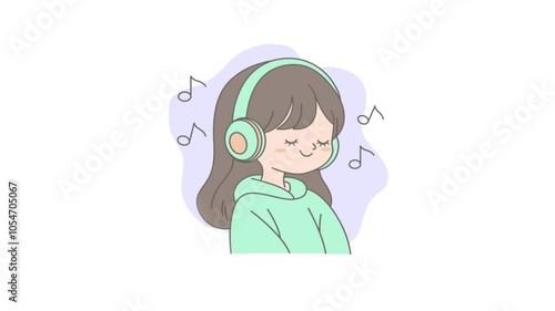 Footage of Cute Girl Cartoon Character Listening Music Using Headphone