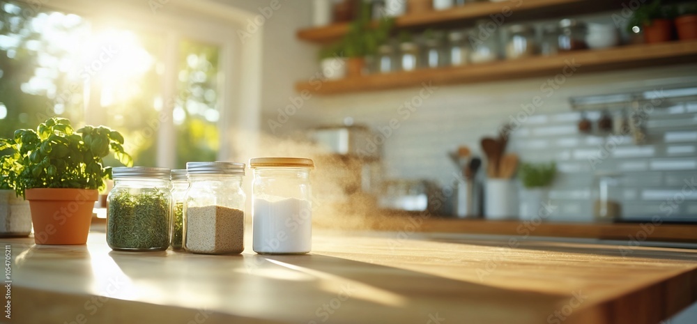 Sunlit kitchen countertop with jars of spices and a potted plant. Sunlit kitchen countertop with jars of spices and a potted plant.