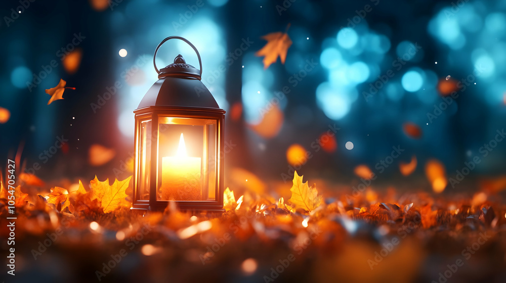 A lantern glowing warmly amidst autumn leaves, creating a cozy atmosphere in a serene forest. A lantern glowing warmly amidst autumn leaves, creating a cozy atmosphere in a serene forest.