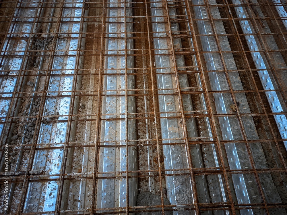 Obraz premium The image shows a grid of steel bars, called rebar, used to reinforce concrete. This grid is placed before concrete is poured to strengthen the structure. 