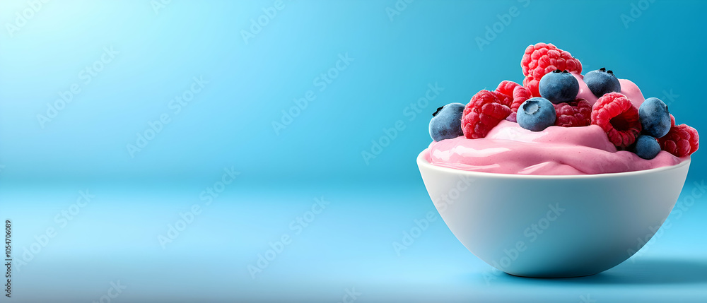 Delicious bowl of yogurt topped with fresh berries, against a soft blue gradient background. Delicious bowl of yogurt topped with fresh berries, against a soft blue gradient background.