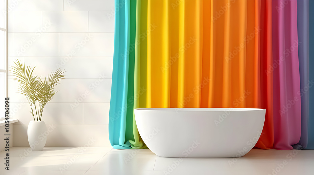 Bright, colorful bathroom with a white tub and rainbow shower curtain, creating a vibrant and refreshing atmosphere. Bright, colorful bathroom with a white tub and rainbow shower curtain, creating a vibrant and refreshing atmosphere.