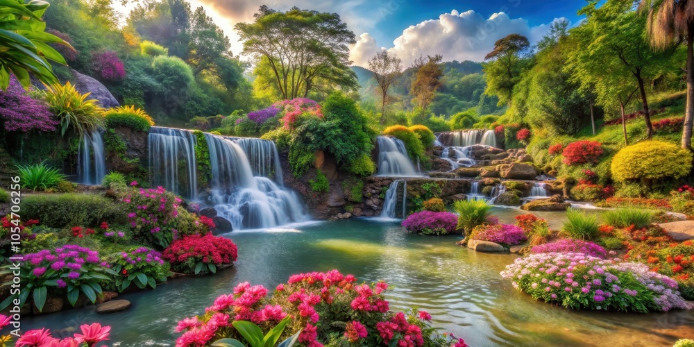 Fototapeta premium Idyllic paradise landscape with lush gardens, cascading waterfalls, and blooming flowers , paradise, landscape, gardens