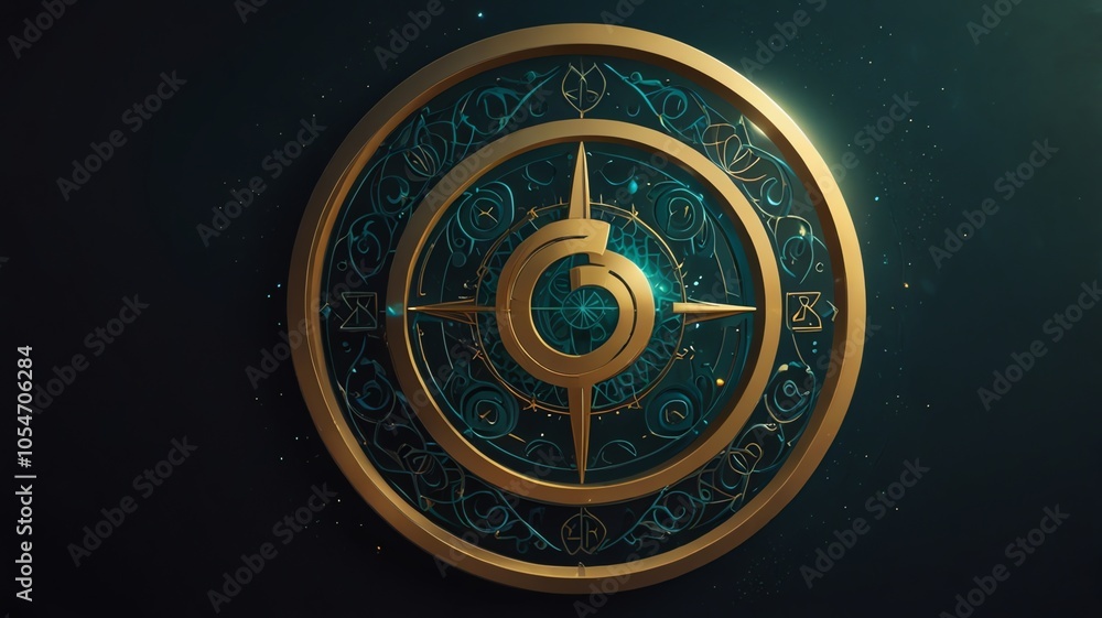 Obraz premium a gold and blue circle with a blue background and the words the name of the sea on the bottom.